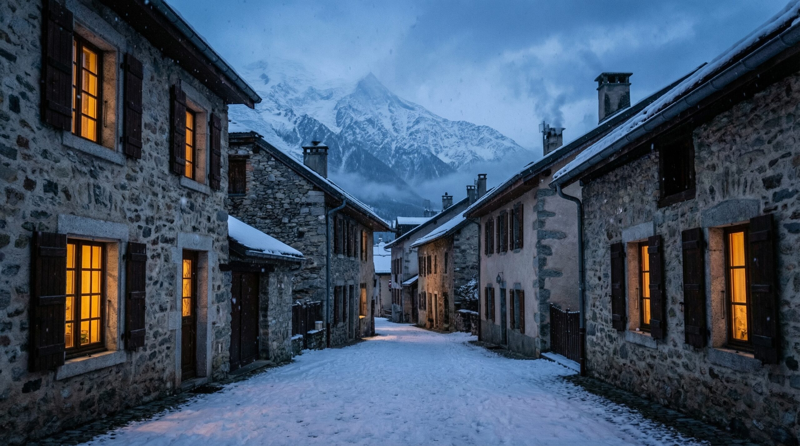 Village de montagne français en hiver, maisons en pierre sous la neige, lumières chaudes au crépuscule