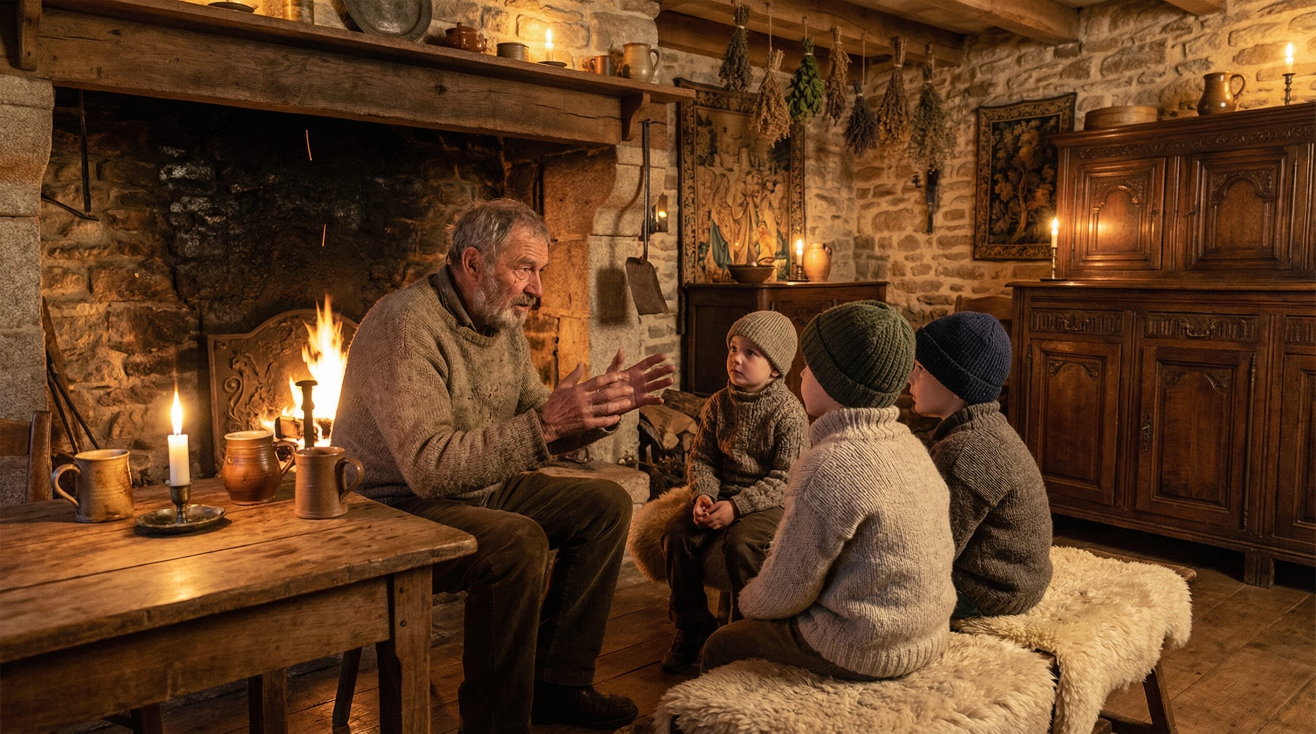 Transmission intergénérationnelle lors d’une veillée d’hiver, un ancien raconte une histoire à des enfants