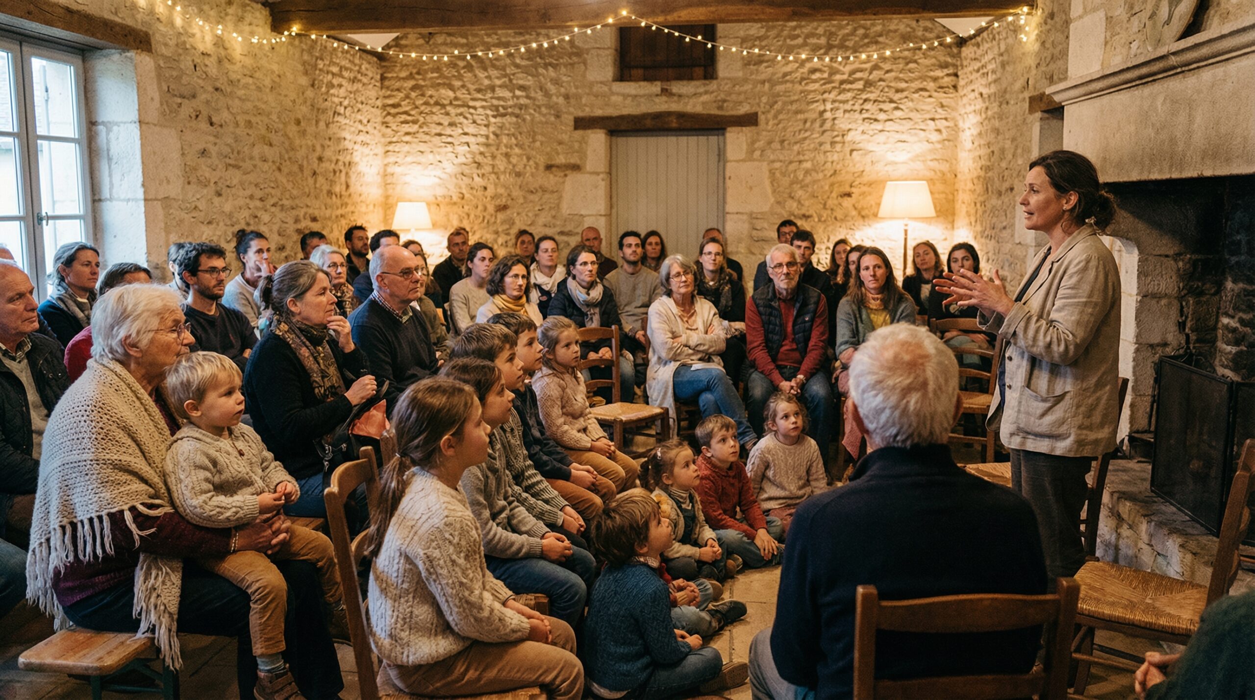Veillée contemporaine dans une salle communale, public intergénérationnel écoutant un conteur, ambiance chaleureuse