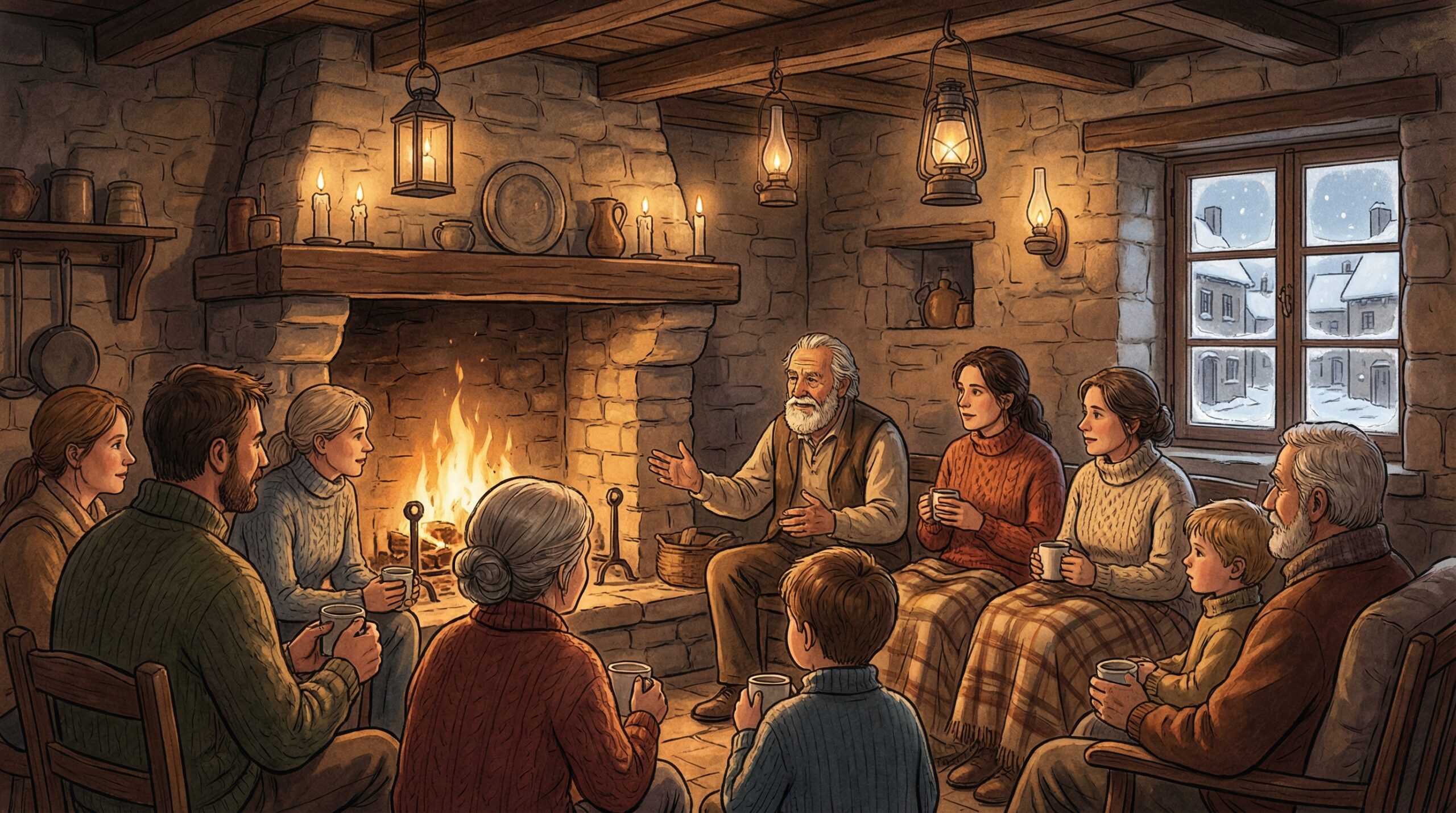 Illustration d’une veillée d’hiver dans un village rural français