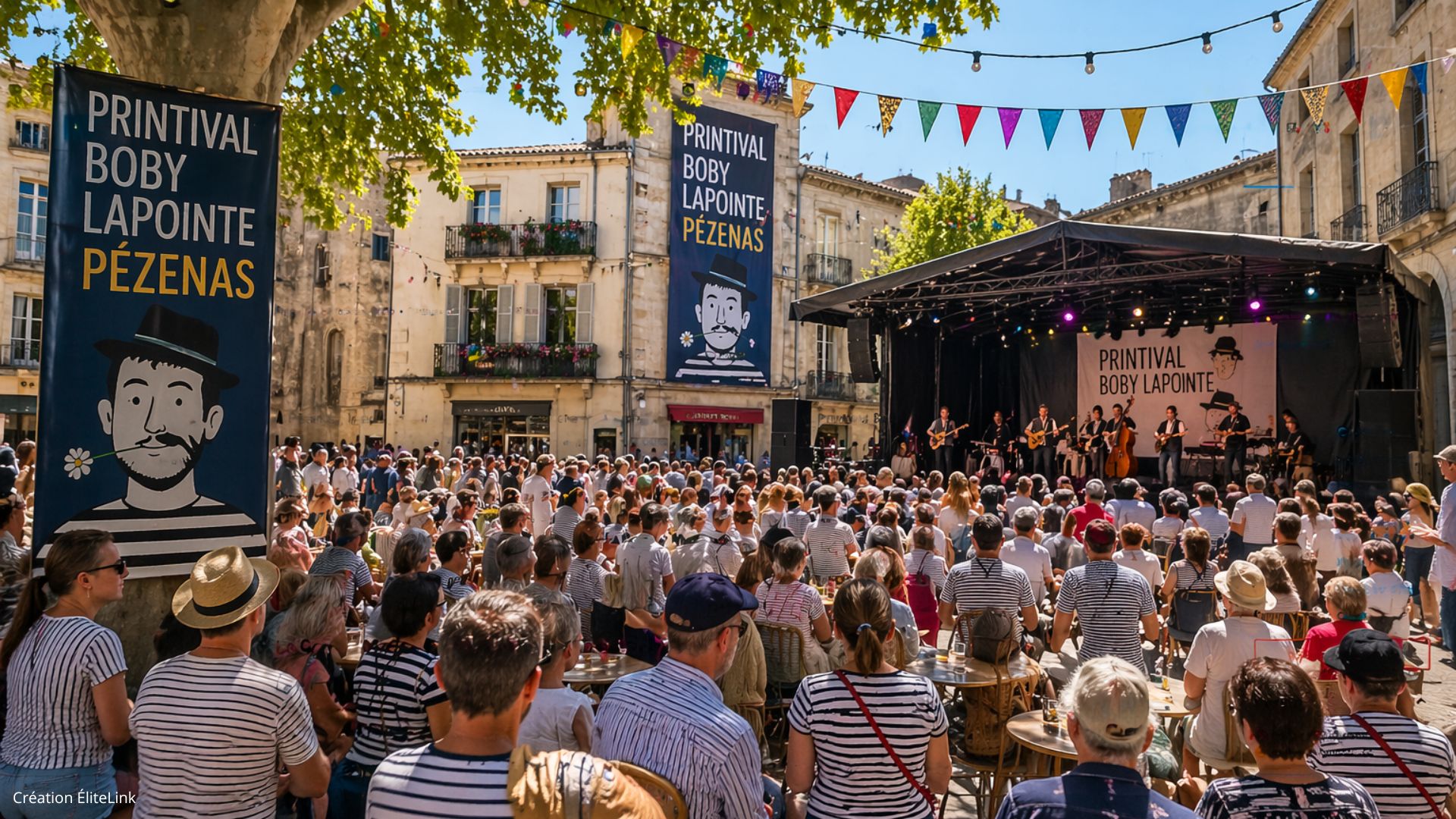 Pézenas en marinière lors du Printival Boby Lapointe, ambiance festive et populaire sur la place centrale