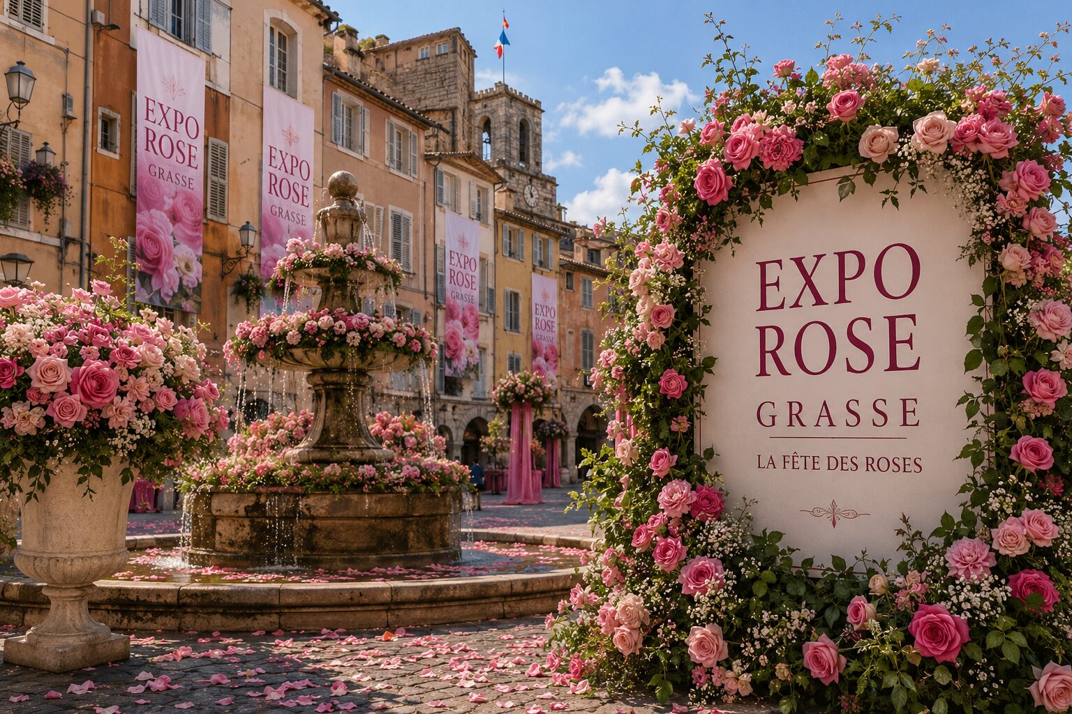 Composition florale rose évoquant les décorations d’ExpoRose dans le centre historique de Grasse
