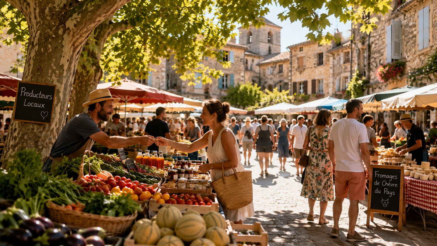 Marché d’été dans un village, symbole de l’âme des territoires