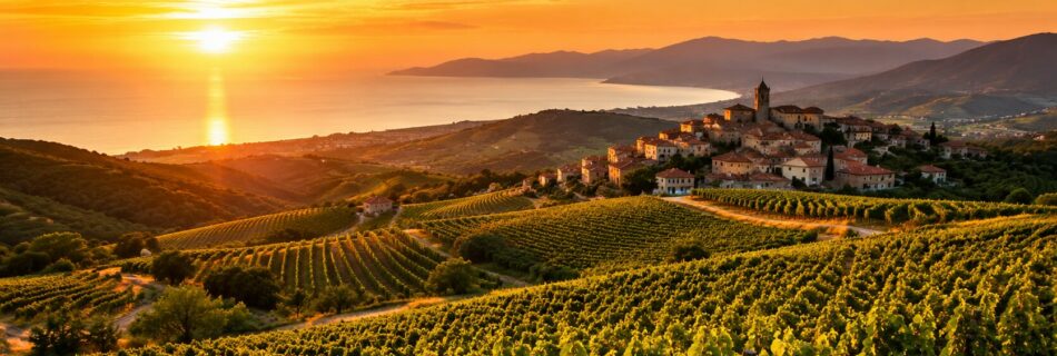 Lever de soleil sur un vignoble dominant la mer, avec collines et village perché illustrant l’âme des territoires