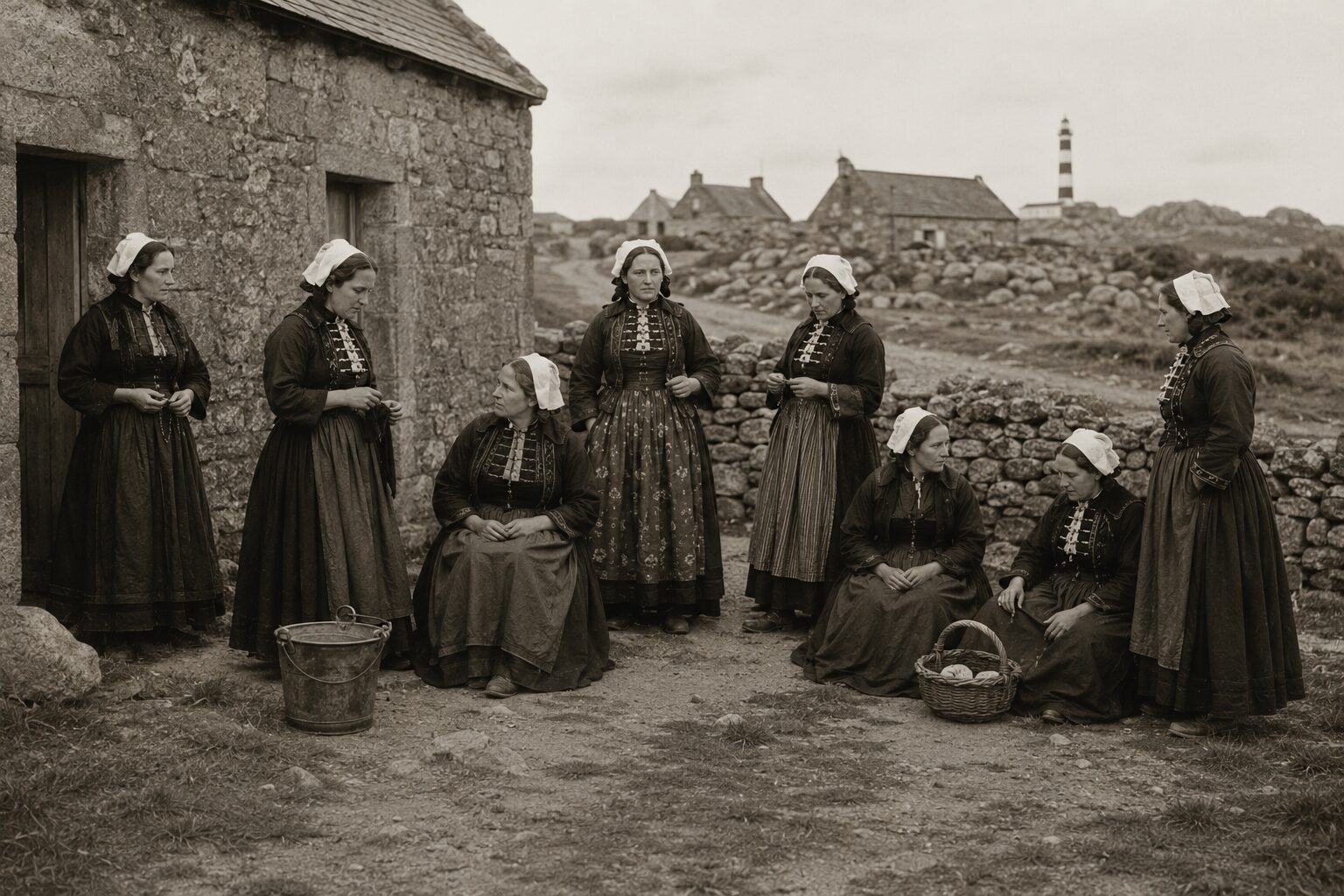Femmes d’Ouessant en tenue traditionnelle sur une photographie ancienne
