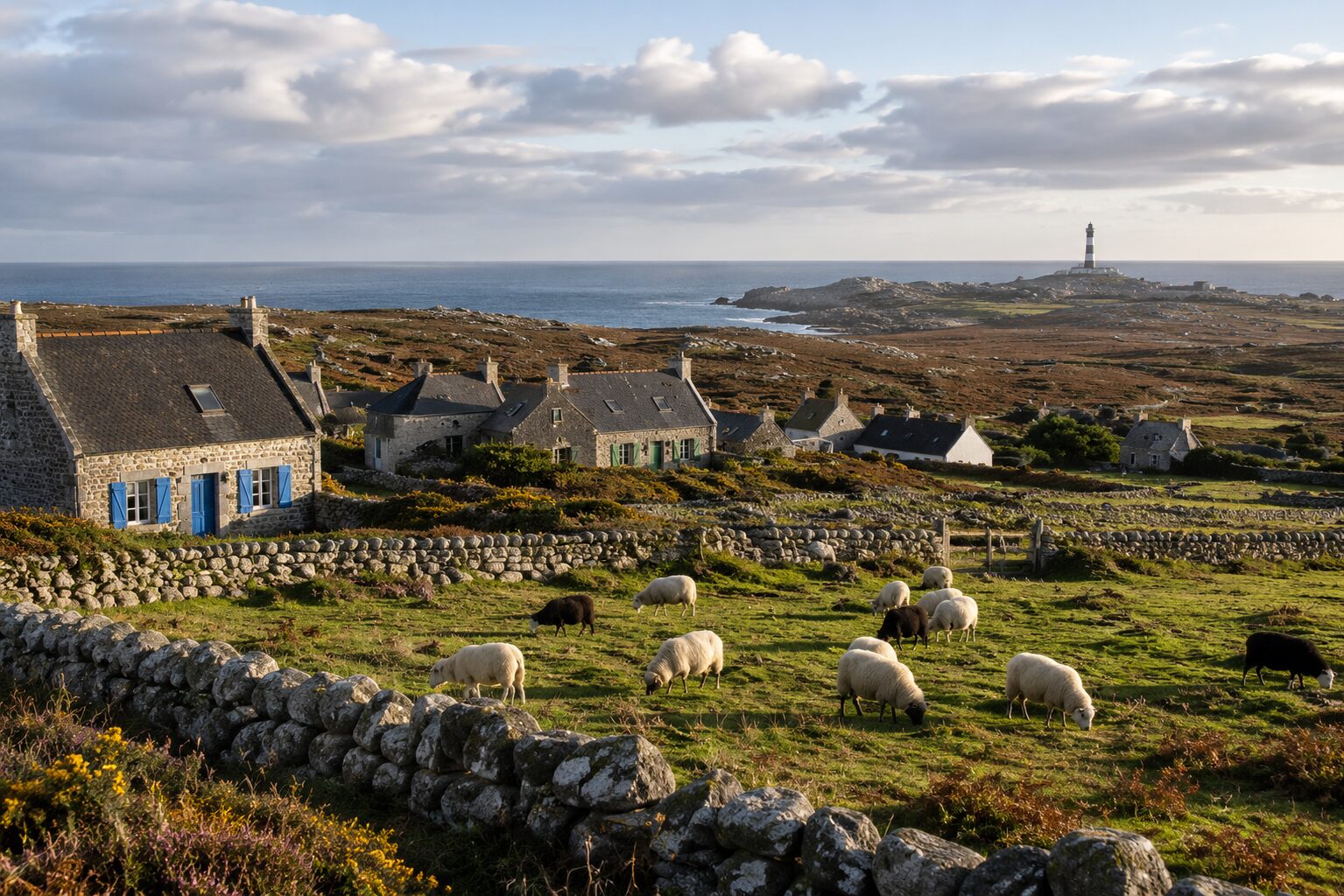 Hameau d’Ouessant avec maisons basses, murets de pierre et moutons