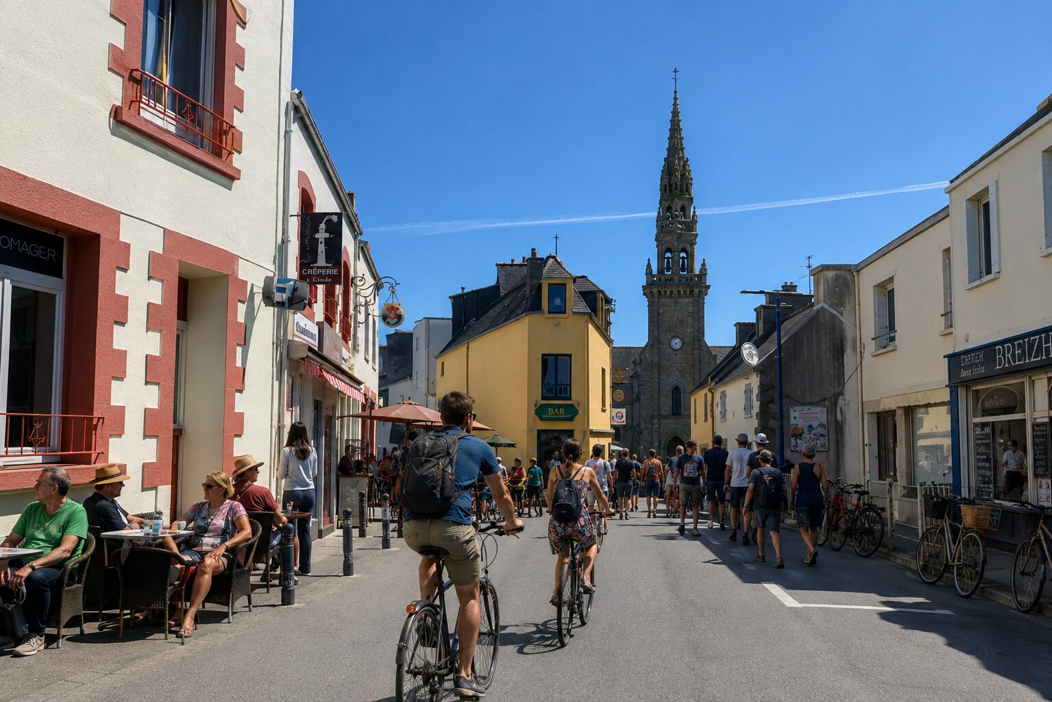 Visiteurs découvrant Ouessant à vélo au milieu des landes