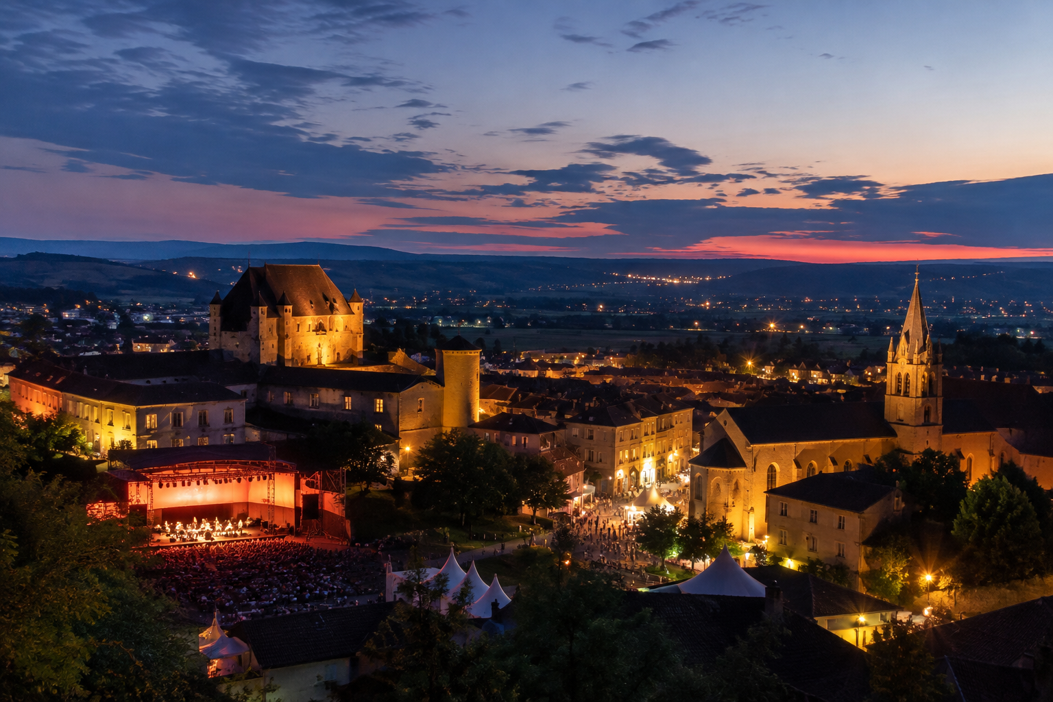 La Côte-Saint-André au crépuscule pendant le Festival Berlioz