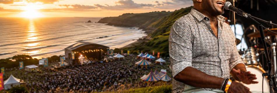 Edmony Krater en concert au Tropical Pressure Festival 2026, avec le site du festival et la côte des Cornouailles en arrière-plan.