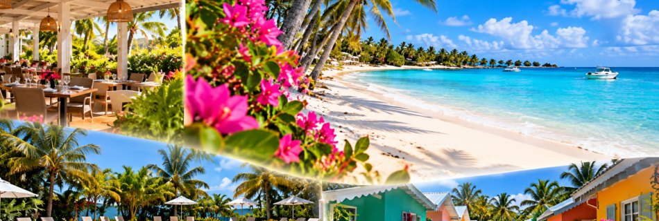 Montage illustratif de l'Hôtel Le Rotabas à Sainte-Anne en Guadeloupe, évoquant la plage tropicale, la piscine, le restaurant et les bungalows colorés.