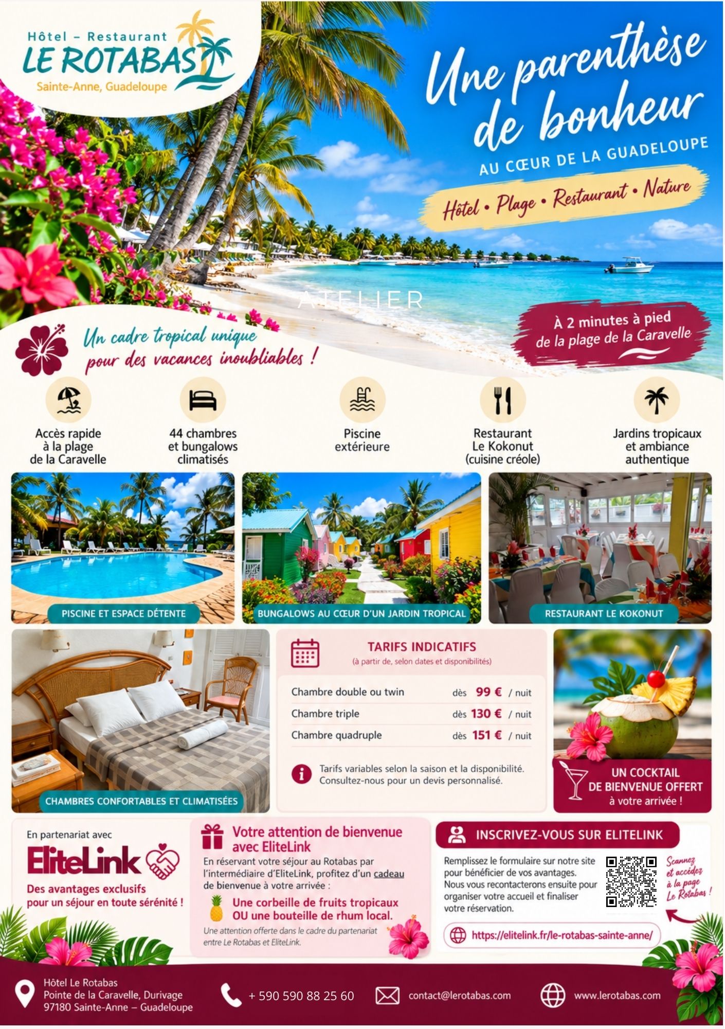Flyer officiel de l'Hôtel Le Rotabas à Sainte-Anne en Guadeloupe